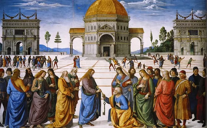 Wręczenie kluczy św. Piotrowi, Pietro Perugino. Przykład perspektywy zbieżnej 