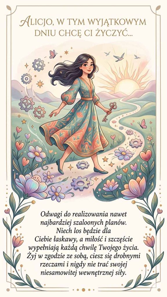 Alicjo, w tym wyjątkowym dniu chcę Ci życzyć odwagi do realizowania nawet najbardziej szalonych planów. Niech los będzie dla Ciebie łaskawy, a miłość i szczęście wypełniają każdą chwilę Twojego życia. Żyj w zgodzie ze sobą, ciesz się drobnymi rzeczami i nigdy nie trać swojej niesamowitej wewnętrznej siły.