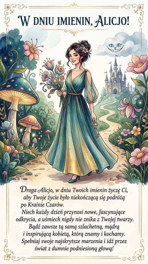Droga Alicjo, w dniu Twoich imienin życzę Ci, aby Twoje życie było niekończącą się podróżą po Krainie Czarów. Niech każdy dzień przynosi nowe, fascynujące odkrycia, a uśmiech nigdy nie znika z Twojej twarzy. Bądź zawsze tą samą szlachetną, mądrą i inspirującą kobietą, którą znamy i kochamy. Spełniaj swoje najskrytsze marzenia i idź przez świat z dumnie podniesioną głową!