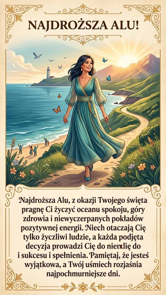 Najdroższa Alu, z okazji Twojego święta pragnę Ci życzyć oceanu spokoju, góry zdrowia i niewyczerpanych pokładów pozytywnej energii. Niech otaczają Cię tylko życzliwi ludzie, a każda podjęta decyzja prowadzi Cię do sukcesu i spełnienia. Pamiętaj, że jesteś wyjątkowa, a Twój uśmiech rozjaśnia najpochmurniejsze dni.