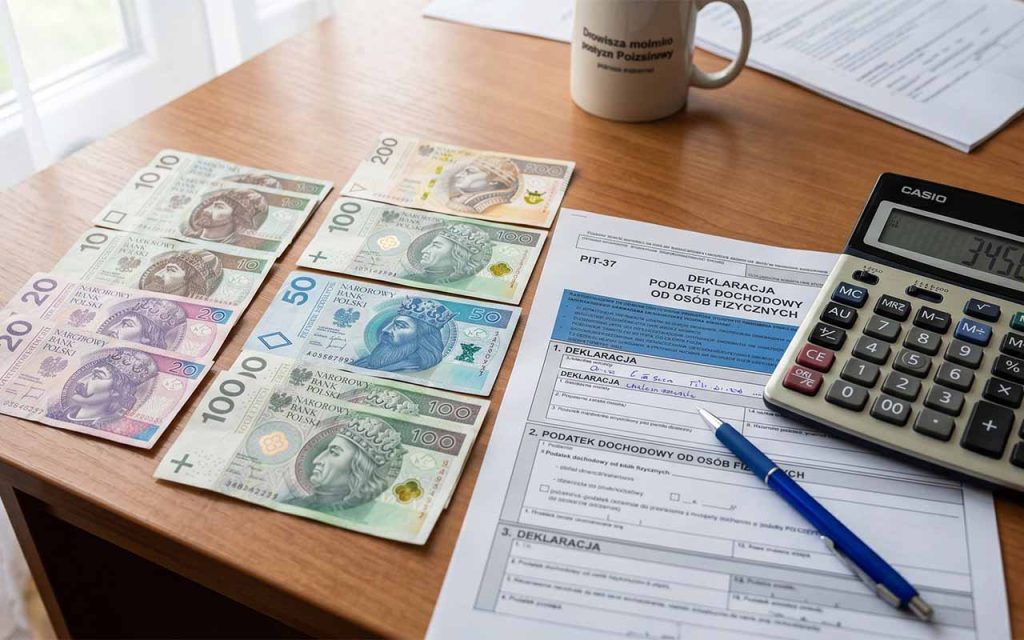 Polskie banknoty złotowe rozłożone na biurku obok formularza podatkowego i kalkulatora — umieść tutaj