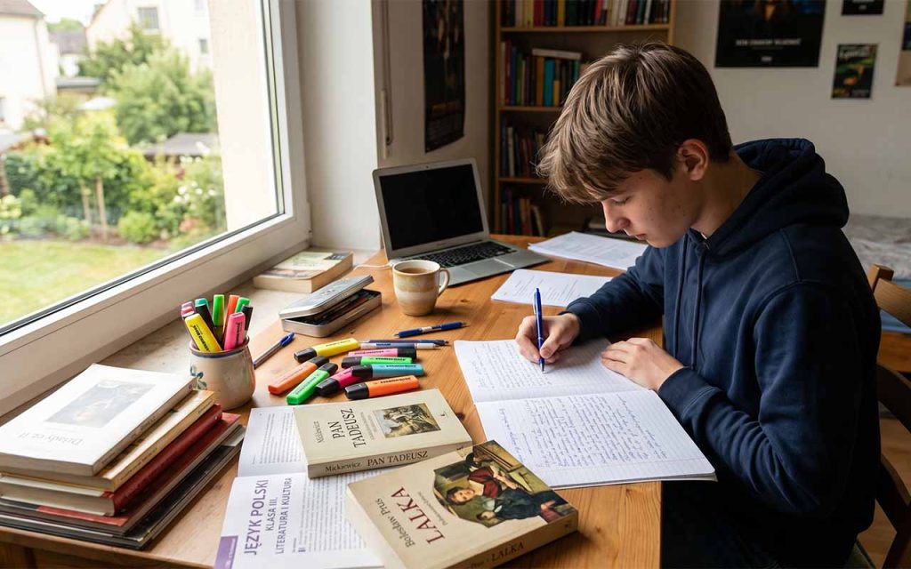Uczeń piszący esej przy biurku z podręcznikami do polskiego, kolorowe zakreślacze, naturalne światło dzienne — umieść tutaj