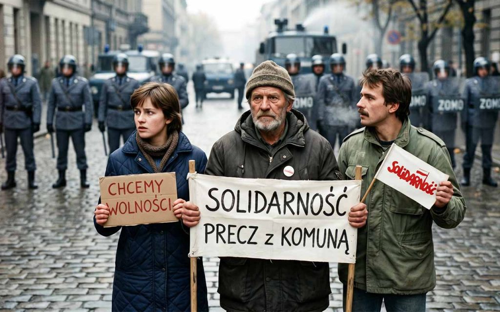 Portret uczestników nielegalnego kontrpochodu Solidarności z lat 80., trzymających własnoręcznie zrobione transparenty, w tle widać kordony milicji