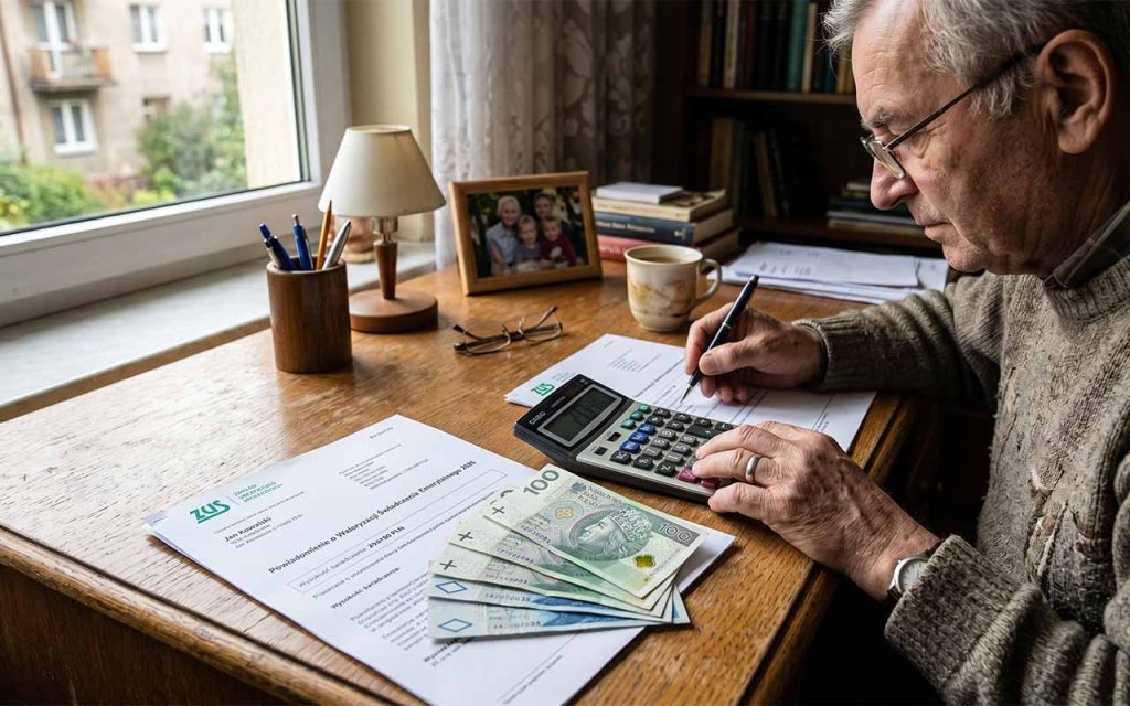 Zdjęcie: kalkulator, banknoty 50 i 100 zł, wydruk z ZUS na biurku seniora