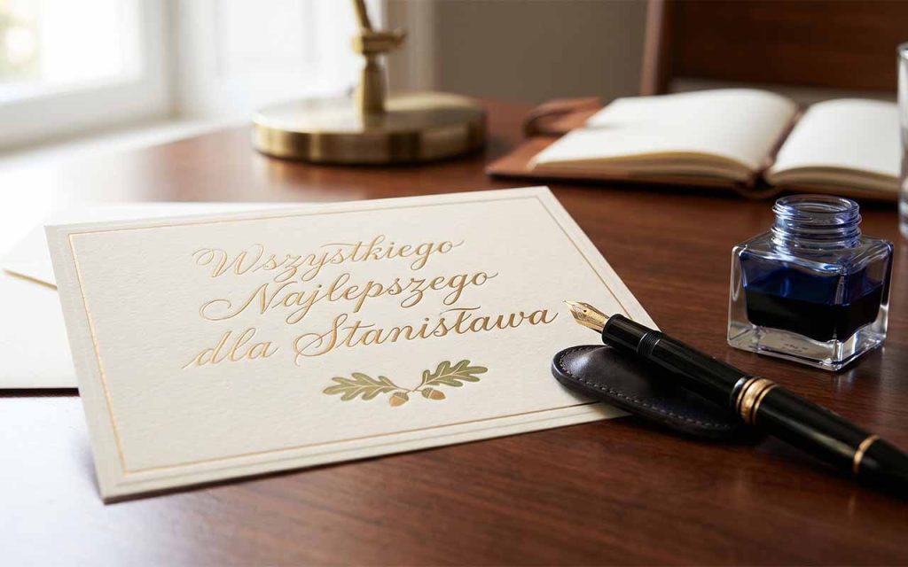 Elegancka kartka imieninowa z napisem "Wszystkiego Najlepszego dla Stanisława" leżąca obok wiecznego pióra