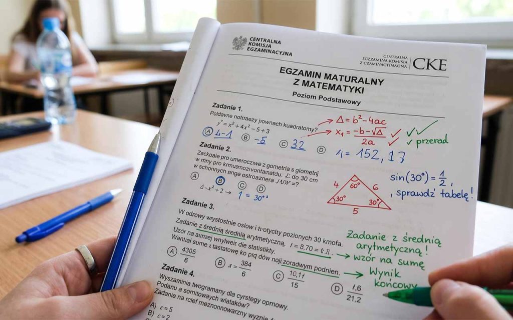 Zdjęcie: arkusz maturalny z zaznaczonymi przykładowymi zadaniami i kolorowymi notatkami
