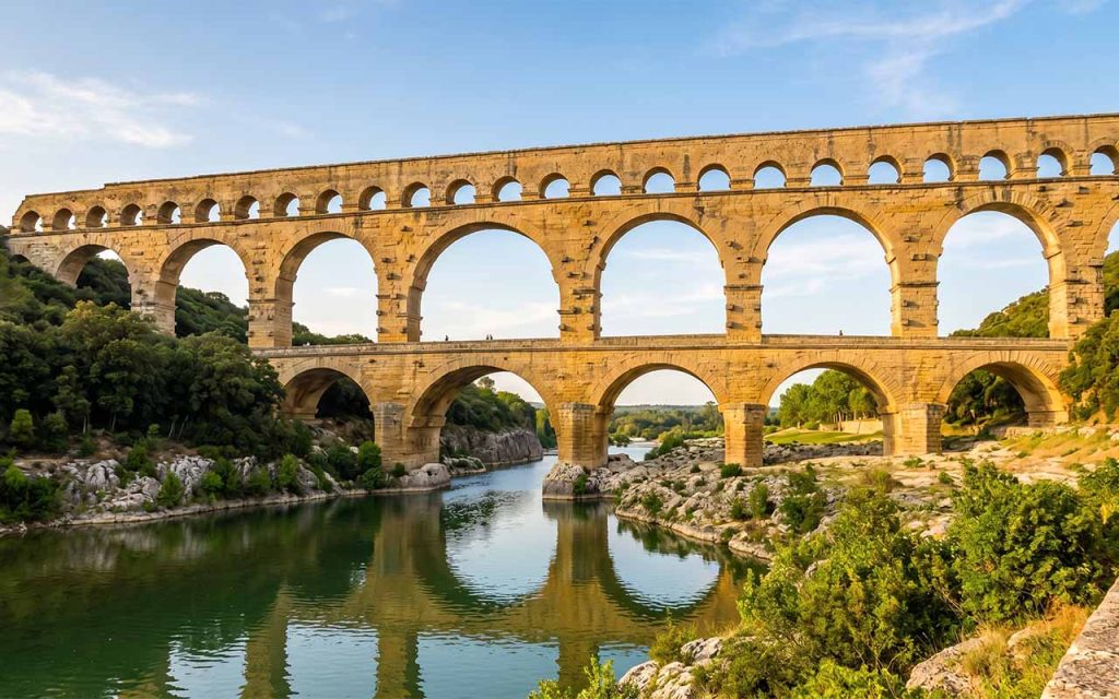 Rzymski akwedukt Pont du Gard we Francji, monumentalna kamienna konstrukcja nad rzeką, złote światło popołudnia, szeroki plan