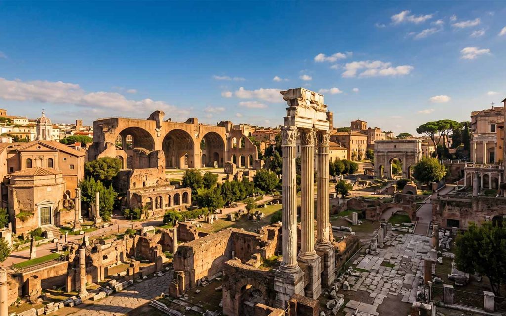 Ruiny Forum Romanum w Rzymie, kolumny i łuki, ciepłe popołudniowe światło, perspektywa dramatyczna