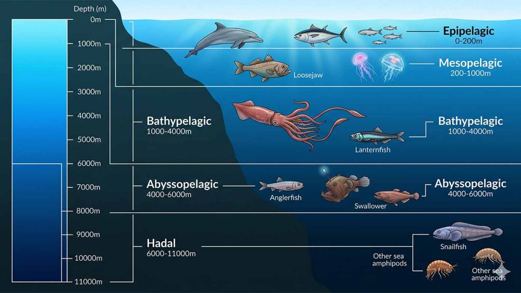 Przekrój oceanu pokazujący strefy głębokości — od sunlit zone po hadal zone, infograficzny styl naukowy