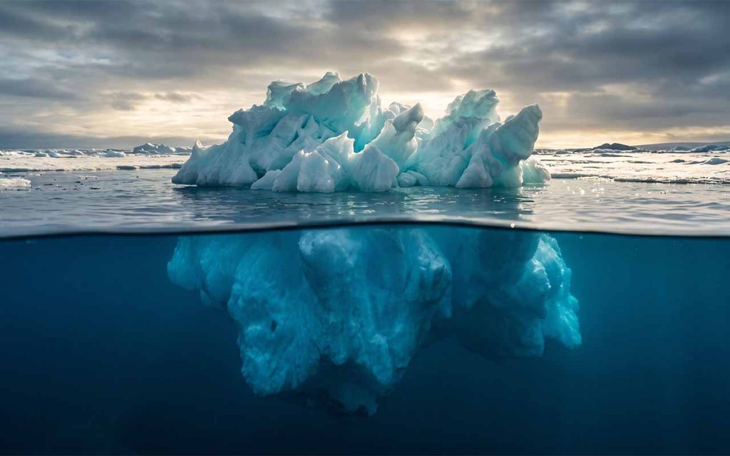 Góra lodowa dryfująca na Ocean Arktycznym, turkusowo-biała, dramatyczne światło polarne, fotorealizm