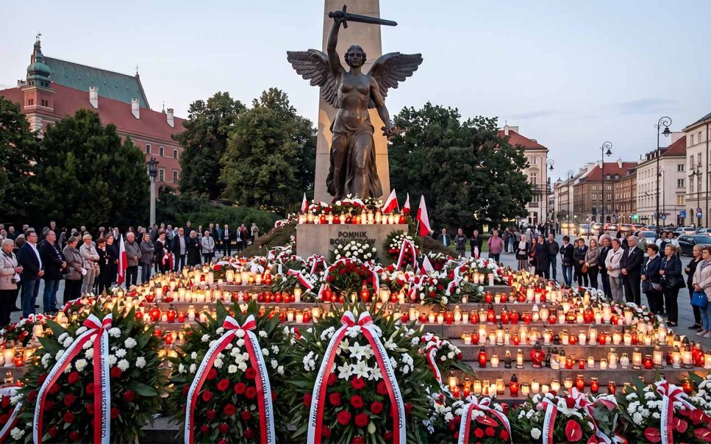 Zdjęcie: pomnik Powstania Warszawskiego – Nike, Warszawa, ze zniczami i kwiatami