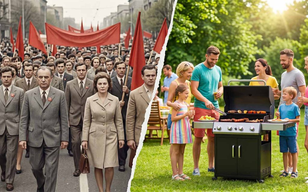 Archiwalne czarno-białe zdjęcie z pochodu pierwszomajowego w Polsce lat 70., zestawione na zasadzie kontrastu ze współczesnym zdjęciem rodziny grillującej w słoneczny dzień