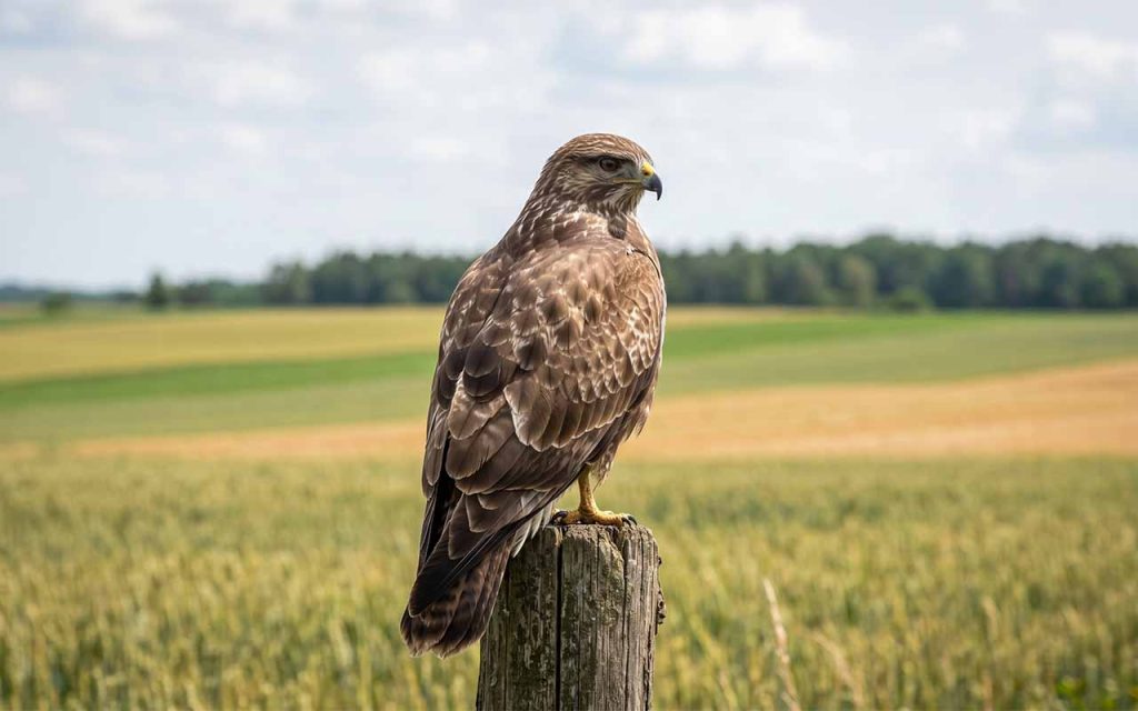 Myszołów zwyczajny siedzący na drewnianym słupku ogrodzeniowym na tle polskiego pola, szczegółowe upierzenie, naturalna sceneria