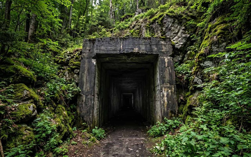 Wejście do podziemi Osówki w Górach Sowich — betonowy portal w zboczu góry, ciemny tunel prowadzący w głąb, otoczony lasem, atmosfera tajemnicy