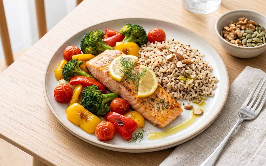Talerz z jedzeniem w stylu diety DASH — kolorowe warzywa, ryba, orzechy, oliwa, zboża pełnoziarniste, estetyczna fotografia food