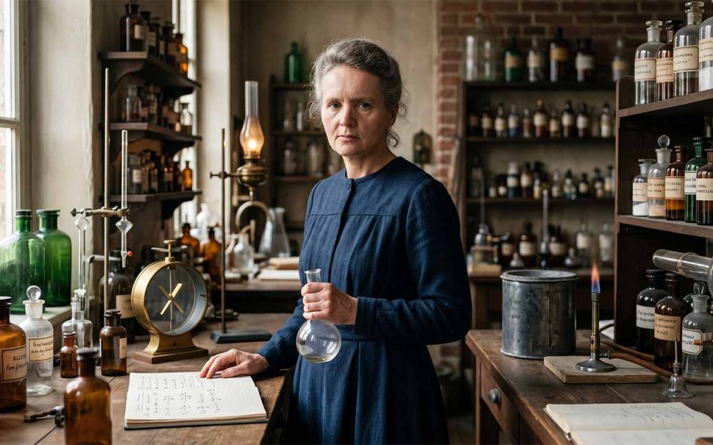 Zdjęcie: portret Marii Curie-Skłodowskiej na tle laboratorium z epoki