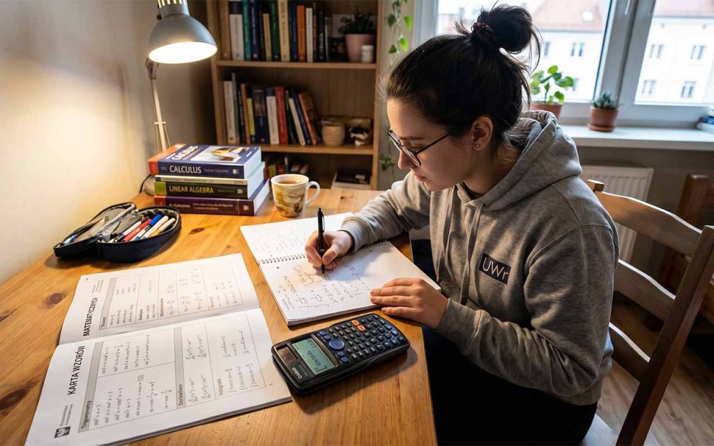 Zdjęcie: uczeń przy biurku z otwartą kartą wzorów matematycznych i kalkulatorem naukowym