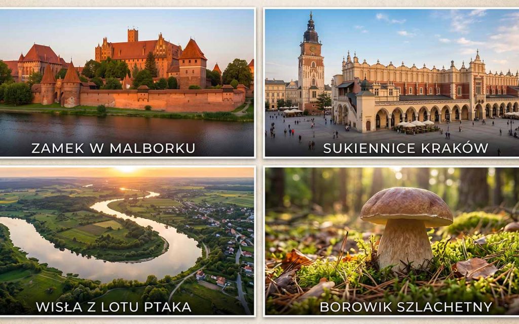 Zdjęcie: kolaż symbolicznych obiektów – zamek Malbork, krakowska Sukiennica, Wisła z lotu ptaka, grzyb borowik