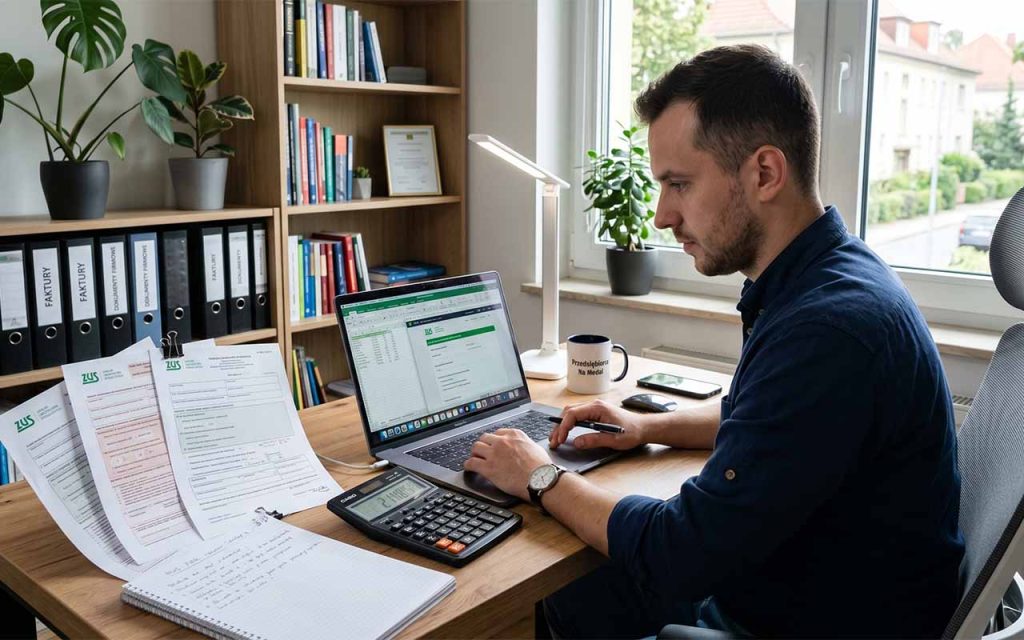 Przedsiębiorca przy laptopie z kalkulatorem i dokumentami ZUS na biurku, nowoczesne home office — umieść tutaj