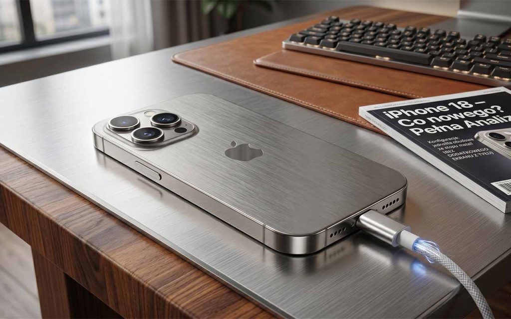 Zdjęcie: srebrny smartfon z logo jabłka na biurku z kablem USB-C