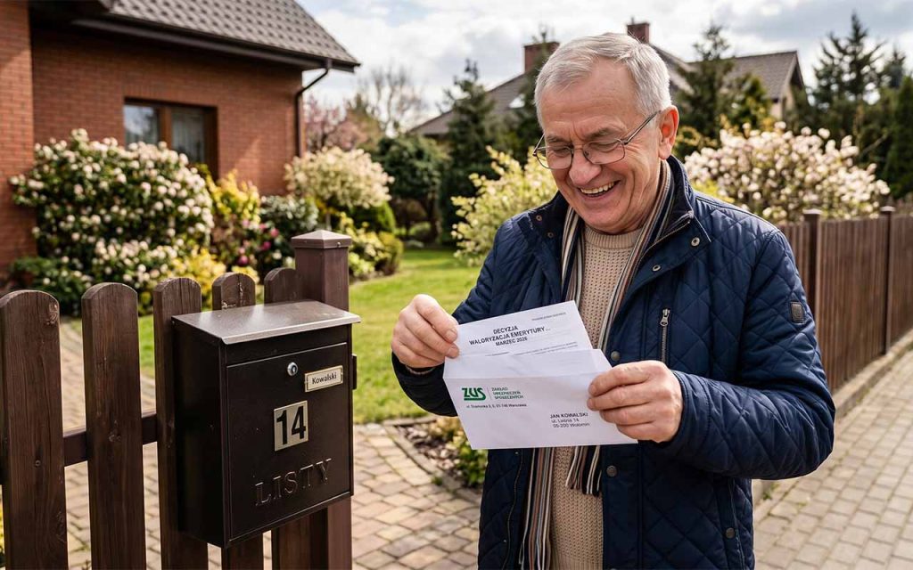 Zdjęcie: starszy mężczyzna przy skrzynce pocztowej otwierający kopertę z ZUS-em, uśmiechnięty