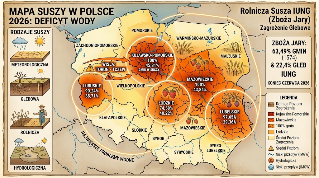 Mapa suszy w Polsce 2026 pokazuje deficyt wody w glebie i rzekach. Sprawdź zagrożone województwa, dane IUNG i IMGW, ryzyko dla upraw oraz sytuację w gminach na koniec czerwca.