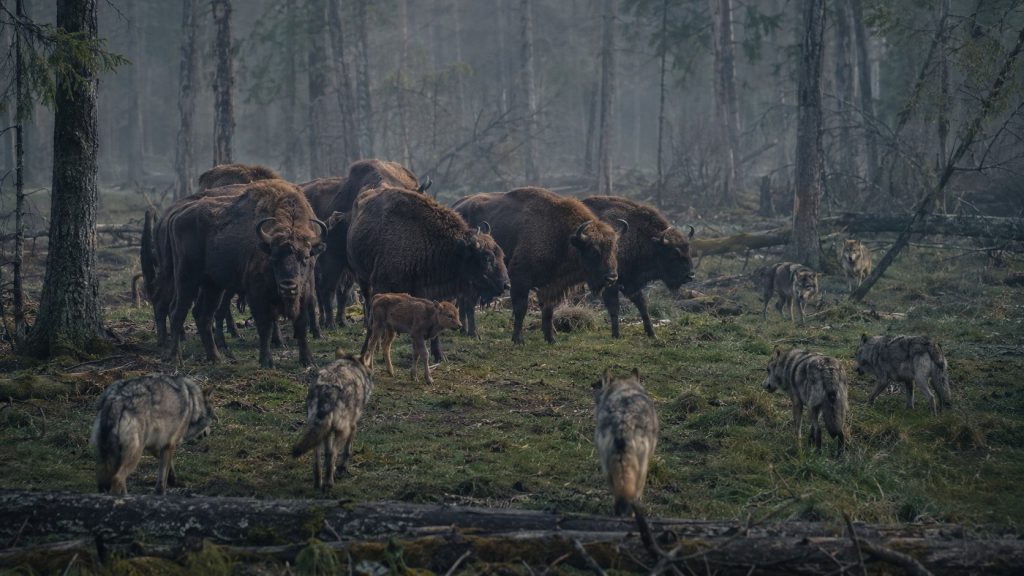 Żubr ma naturalnych wrogów? Nagranie IBS PAN z Białowieży pokazuje, że wilki mogą polować na żubry