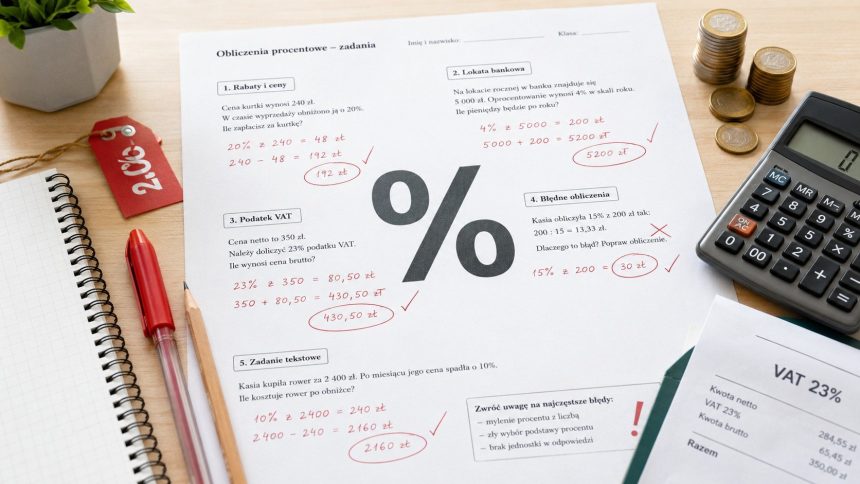 Procenty w zadaniach: obniżki, lokaty, podatek Belki i typowe błędy uczniów. Sprawdź wzory, przykłady, tabele i zasady liczenia procentów na egzaminie z matematyki.