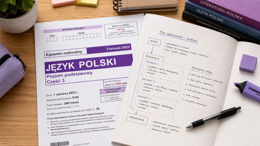 Rozprawka maturalna 2026: sprawdź schemat, argumenty, lektury, kryteria CKE i błędy, które zabierają punkty na maturze z polskiego. Praktyczna lista kontroli przed egzaminem.