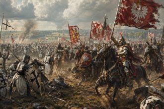 Bitwa pod Grunwaldem 1410: poznaj przyczyny wojny, dowódców, liczebność wojsk, kolejne fazy walki, mapę pola bitwy oraz polityczne skutki zwycięstwa Jagiełły.