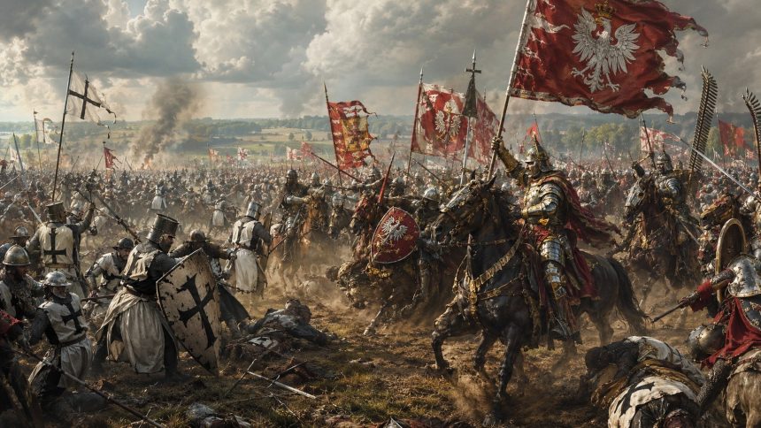 Bitwa pod Grunwaldem 1410: poznaj przyczyny wojny, dowódców, liczebność wojsk, kolejne fazy walki, mapę pola bitwy oraz polityczne skutki zwycięstwa Jagiełły.