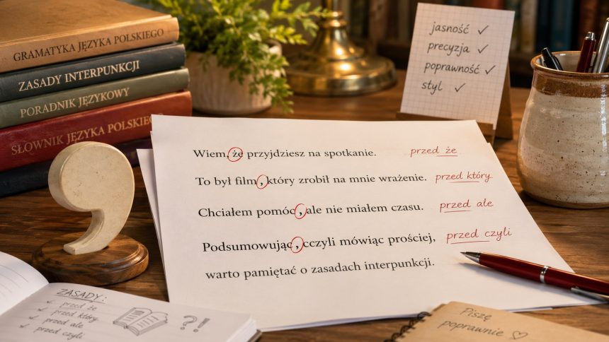 Przecinek przed „że”, „który”, „ale” i „czyli”: poznaj reguły, wyjątki, przykłady zdań oraz błędy spotykane w e-mailach, pracach szkolnych i publikacjach.