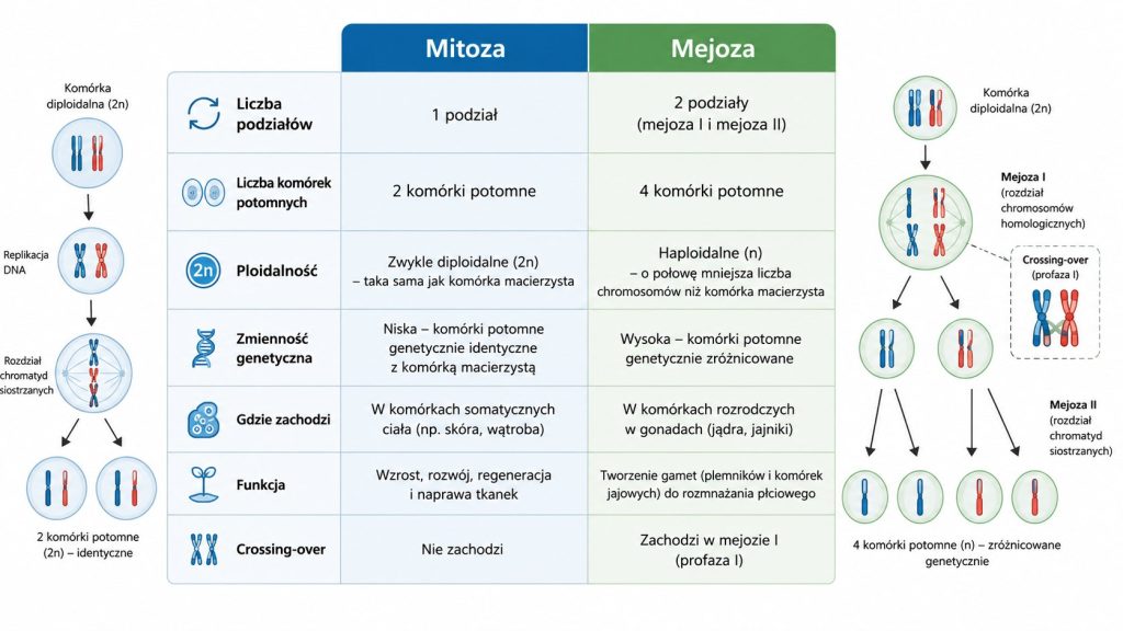 Mitoza i mejoza – najważniejsze różnice, etapy podziału komórki oraz tabela