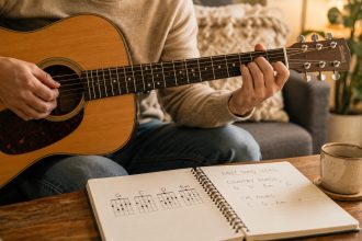 Akordy na gitarę dla początkujących: diagramy, podstawowe chwyty, zmiany palców, rytm bicia i proste piosenki. Sprawdź plan ćwiczeń krok po kroku.