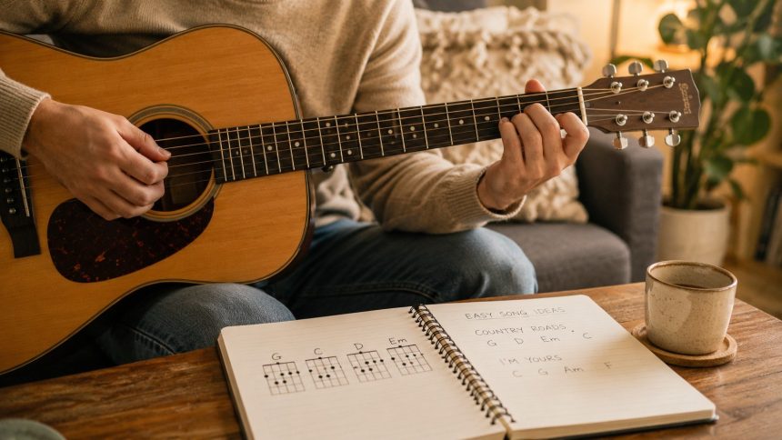 Akordy na gitarę dla początkujących: diagramy, podstawowe chwyty, zmiany palców, rytm bicia i proste piosenki. Sprawdź plan ćwiczeń krok po kroku.