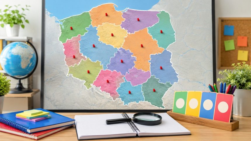 Województwa i ich stolice: poznaj mapę administracyjną Polski, pełną tabelę 16 regionów, dwa województwa z podwójnymi stolicami oraz quiz z odpowiedziami.