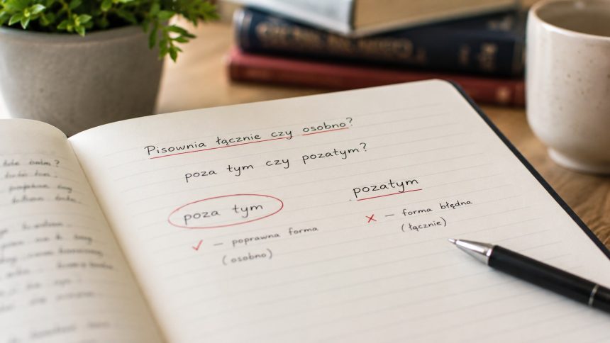 „Poza tym” czy „pozatym”? Sprawdź poprawną pisownię, poznaj zasadę, przykłady użycia, synonimy oraz reguły stawiania przecinka w zdaniu.