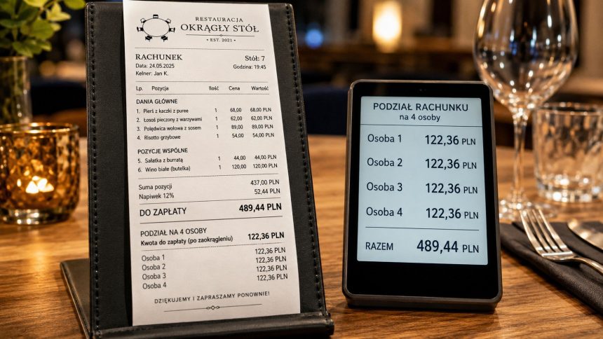 Jak podzielić rachunek w restauracji, gdy każdy zamówił coś innego? Poznaj wzór na wspólne pozycje, napiwek i zaokrąglenie oraz gotowy przykład obliczeń dla czterech osób.