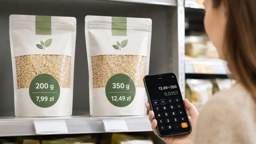 Czy bardziej opłaca się 200 g za 7,99 zł czy 350 g za 12,49 zł? Liczymy cenę za 100 g i kilogram, pokazujemy różnicę 10,67% oraz kiedy większe opakowanie może oznaczać stratę pieniędzy.