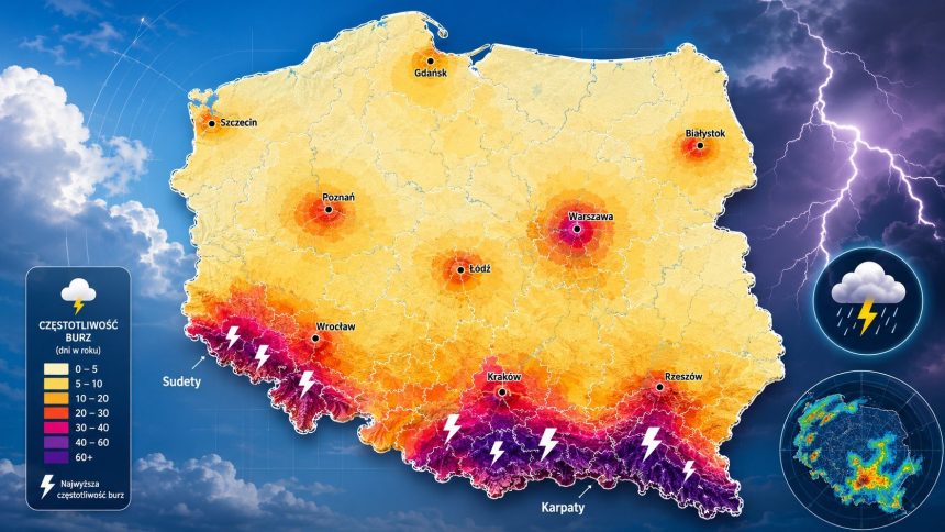 Gdzie w Polsce burze występują najczęściej? Sprawdź mapę regionów, wpływ Karpat i Sudetów oraz rolę miejskiej wyspy ciepła w rozwoju opadów, gradu i wyładowań według danych IMGW-PIB.