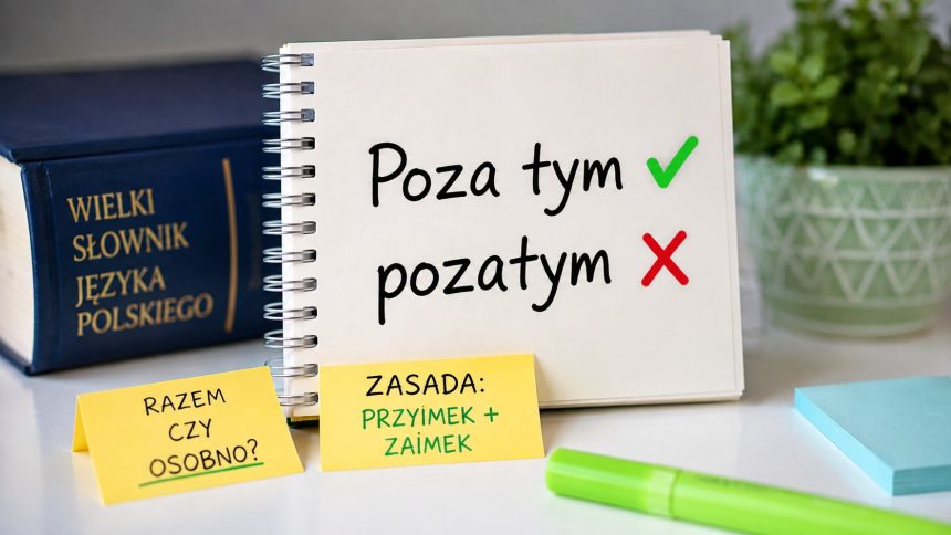 „Poza tym” czy „pozatym”? Sprawdź poprawną pisownię, prostą zasadę i przykłady. Wyjaśniamy też, kiedy używać przecinka oraz jak raz na zawsze uniknąć popularnego błędu w polszczyźnie. Szybko i jasno.