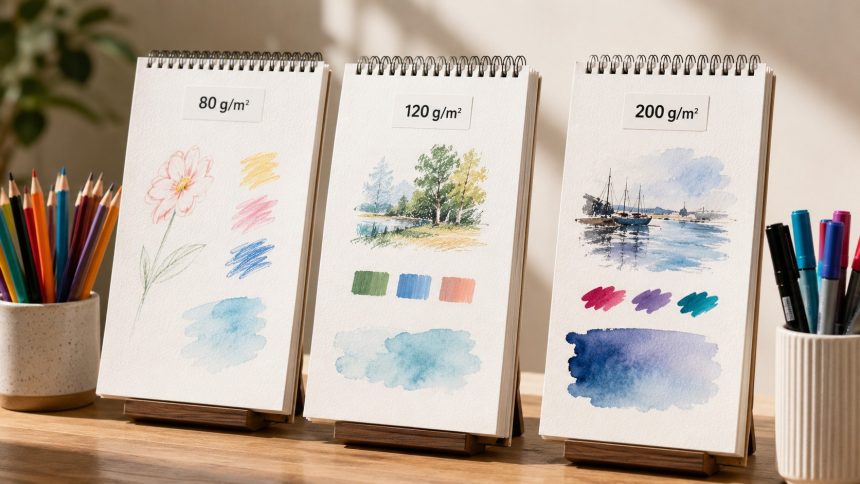 Blok 80, 120 czy 200 g/m²? Sprawdź, jaki papier wybrać do kredek, markerów, akwareli, gwaszu i akryli oraz kiedy sama gramatura nie wystarczy, by uniknąć przebijania i falowania arkusza.