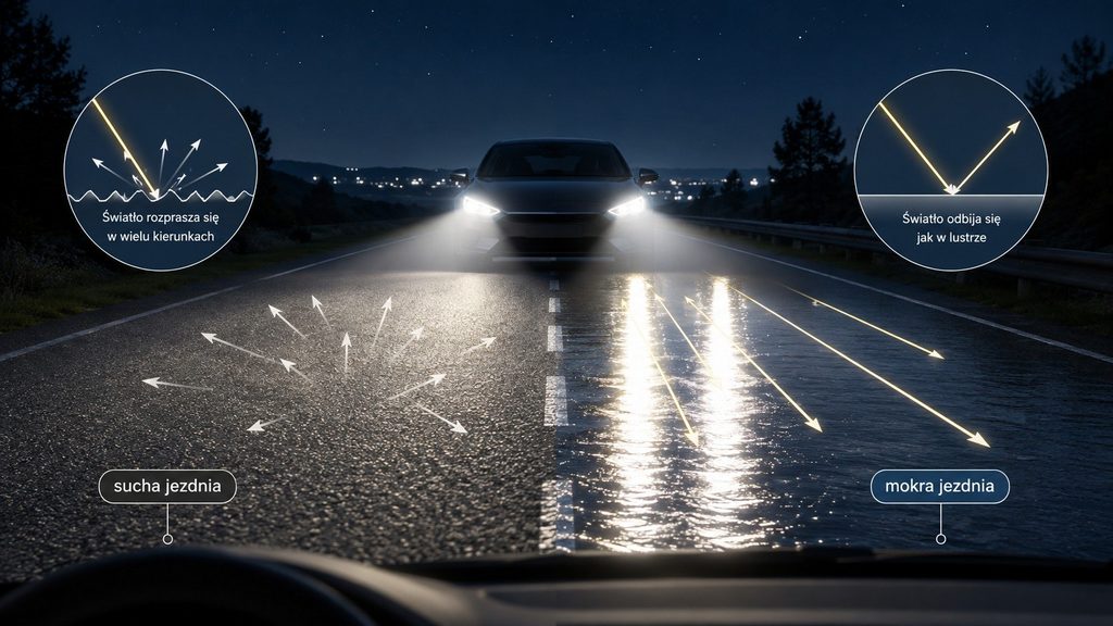Dlaczego mokra jezdnia nocą oślepia mocniej niż sucha? Reflektory odbijają się zupełnie inaczej