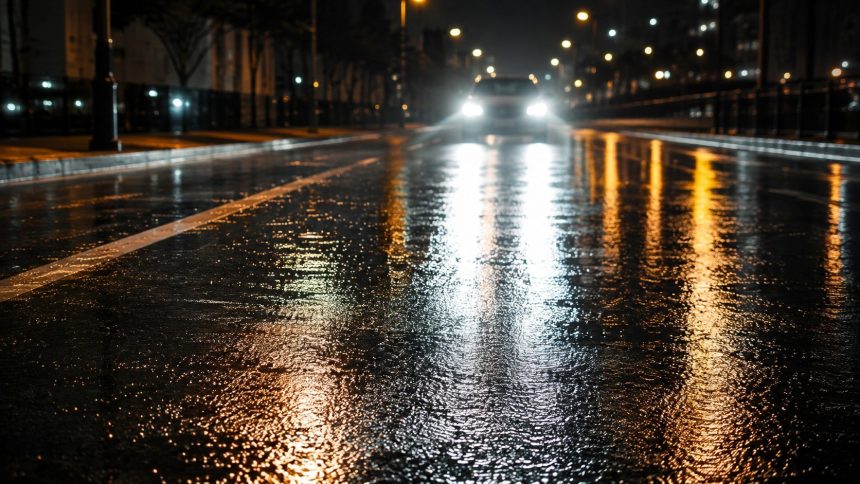 Dlaczego mokra jezdnia nocą oślepia mocniej? Sprawdź, jak warstwa wody zmienia odbicie światła, widoczność pasów i kontrast oraz dlaczego reflektory auta tworzą na asfalcie silne refleksy po deszczu.