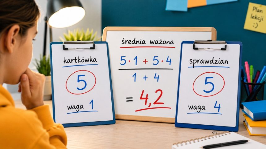 Średnia ważona ocen krok po kroku. Sprawdź wzór, przykłady z kartkówką i sprawdzianem oraz zobacz, dlaczego każda piątka nie zmienia wyniku tak samo.