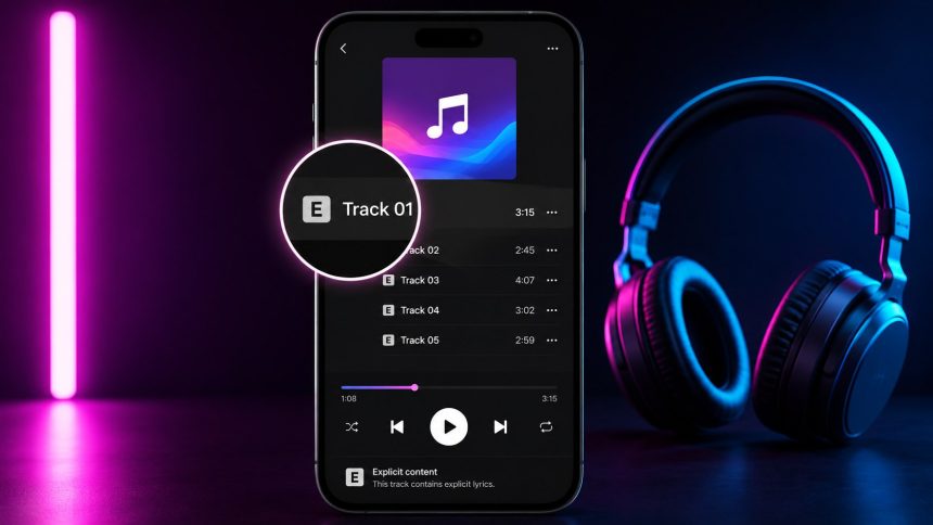 Litera E przy piosence oznacza treść explicit. Sprawdź, kto nadaje oznaczenie, co może zawierać utwór oraz jak zablokować takie nagrania w Spotify, Apple Music, YouTube Music i Amazon Music u siebie.