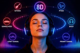 Muzyka 8D w słuchawkach tworzy iluzję dźwięku krążącego wokół głowy. Wyjaśniam, jak działają panoramowanie, pogłos, binaural audio i HRTF oraz czym 8D różni się od Dolby Atmos i Spatial Audio.