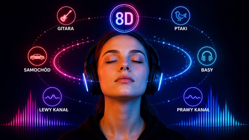 Muzyka 8D w słuchawkach tworzy iluzję dźwięku krążącego wokół głowy. Wyjaśniam, jak działają panoramowanie, pogłos, binaural audio i HRTF oraz czym 8D różni się od Dolby Atmos i Spatial Audio.