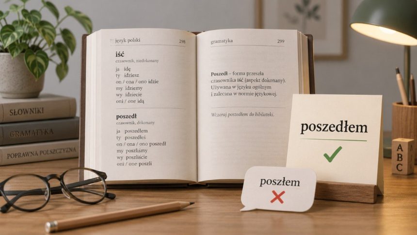 Poszłem czy poszedłem? Wyjaśniamy, skąd wzięła się forma „poszłem”, dlaczego norma jej nie uznaje, jak działa odmiana czasownika „pójść” i jak zapamiętać poprawną formę bez błędu.