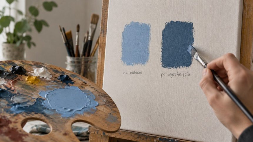 Dlaczego akryl po wyschnięciu ciemnieje, choć na palecie kolor był idealny? Wyjaśniamy wet-to-dry color shift, rolę spoiwa, pigmentu, wody i światła oraz pokazujemy, jak przewidzieć końcowy efekt już